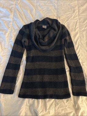 Cowl Scoop Neck Striped Knit Sweater - Charcoal & Navy